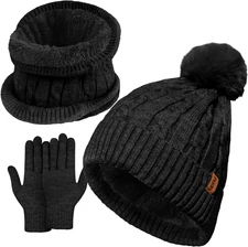 Winter Hat Scarf Gloves Warmer Christmas Gifts, Warm Knit Beanie Hat Touch Scree