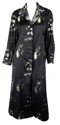 DRIES VAN NOTEN Black & Metallic Silver Jacquard Contrast Collar Coat S