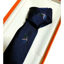 Hermes Silk Tie Navy Bird Pattern with Box 8cm Wide Used Good Condition
