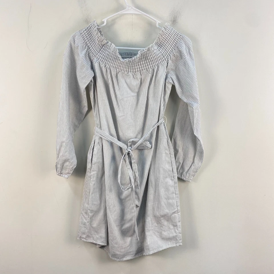 Vestido pequeno feminino Express branco preto listrado fora do ombro gravata algodão L/S 10490 - Imagem 2 de 4