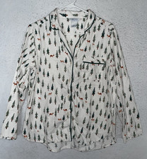 Sleep Sense Pajama Top Womens Sz M Pine Tree Deer White Green Portuguese Flannel