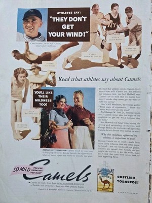 1935 Camel Cigarettes Carl Hubbell baseball NY Giants golf swimming vintage ad 