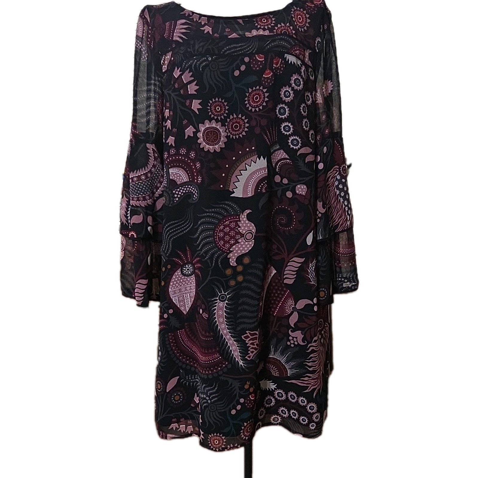 LOFT S Black Pink Burgundy Paisley Sheer Chiffon Bell Sleeve Shift Dress