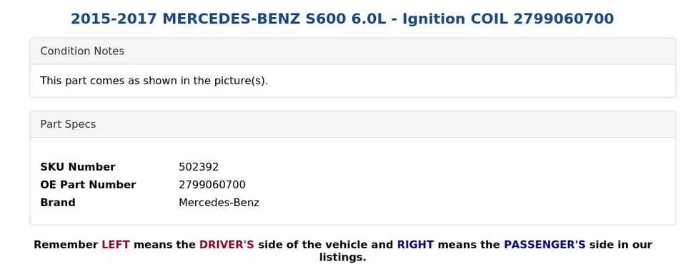 Mercedes-Benz S600 2015-2017 6,0 L - bobina de encendido 2799060700 Foto 4 de 4