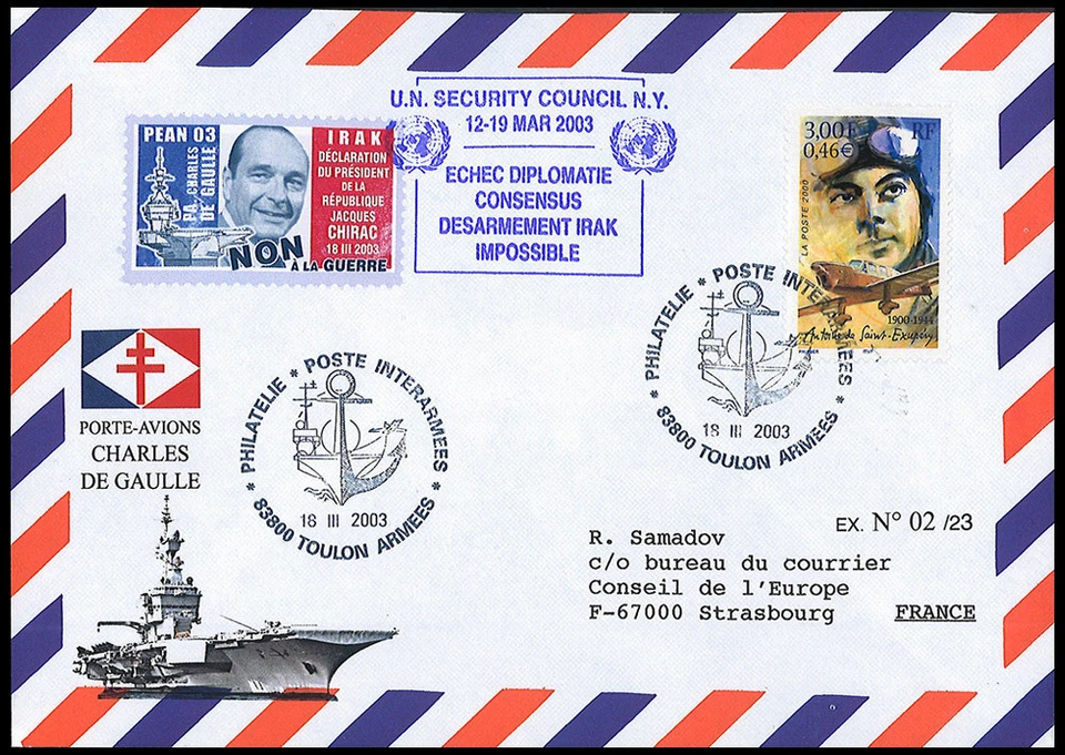 PADG03-9/12: 4 plis "PA Charles de Gaulle CONSEIL SÉCURITÉ ONU Guerre Irak 2003" - Photo 2/4