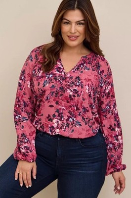 TORRID Sz 3 Pink Multi Floral Print Long Sleeve Blouse Georgette 3X Dainty