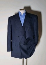 56 46R Brioni Blue Black Peak Double Breasted Full-canvas Blazer Jacket Coat