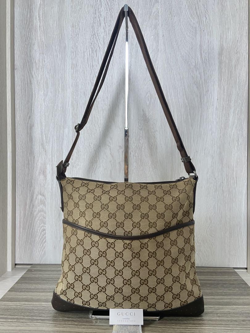 Gucci GG Canvas Leather Beige Shoulder Bag Crossbody 10.6 x 11.4 x 2.8 inches