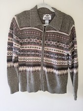 VTG Tiara Fair Isle Earth Tone Nordic Ribbed Zip Up Cardigan Sweater Holiday S