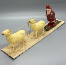 Vintage 4 Irwin Standing Celluloid Santa On Skiis With 2 Reindeer On Plank