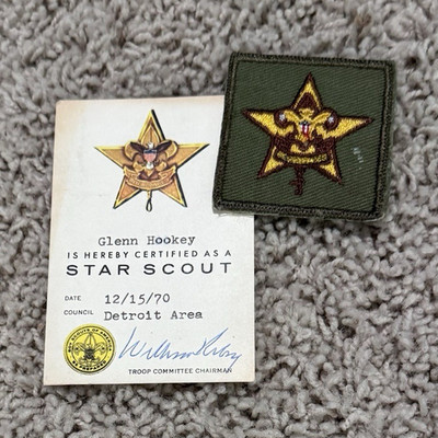 Boy Scouts 1970 Star Scout Rank Patch & Award Card Signed
