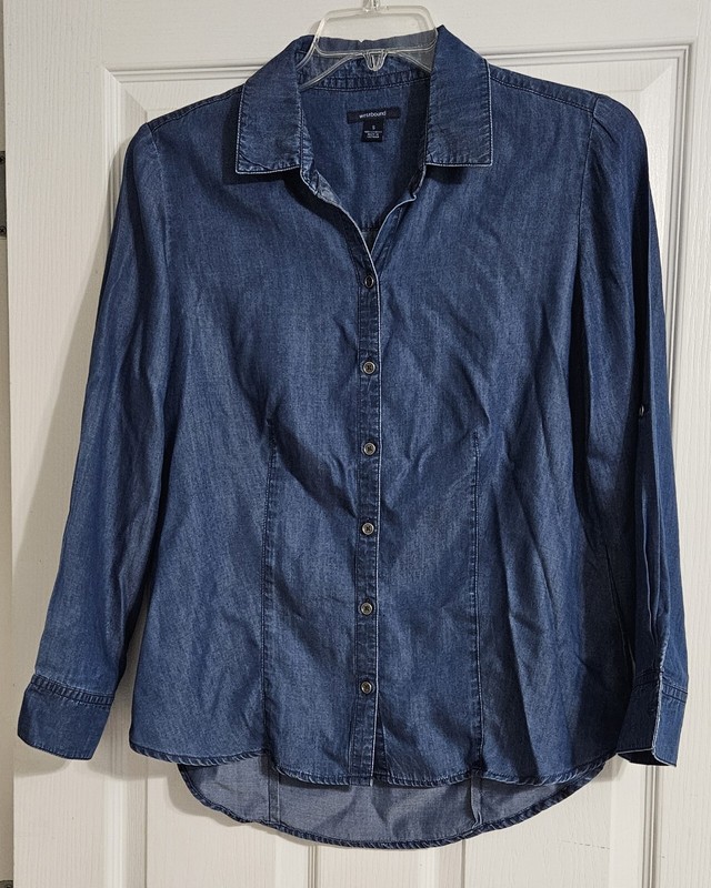 Long Sleeve Denim Looking Button Up Shirt, Size S, Roll Up Sleeves
