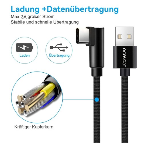 3 Stück USB C Kabel Kurz 20cm, USB C Kabel 90 Grad Winkel Nylon Geflochtenes 3A - Bild 4 von 6