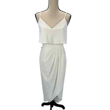 XSCAPE V Neck Crepe Popover Sleeveless Faux Wrap Gown Madi Dress - Cream -size 0
