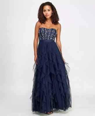 pear culture Juniors Embellished Ruffled Strapless Gown Color Navy Size 1 |  eBay