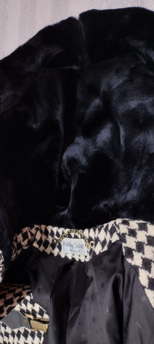 VINTAGE COUTURE Hooded Rich Coat Houndstooth DESIGNER Ashley Scott Faux Fur M/L - Picture 10 of 23