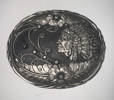 Signed SSI Handcrafted USA 3D Pewter INDIAN CHIEF vintage belt buckle