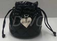 NEW GUESS Black Drawstring Quilted Patent Leather Pouch Watch Bag Jewelry Bag
