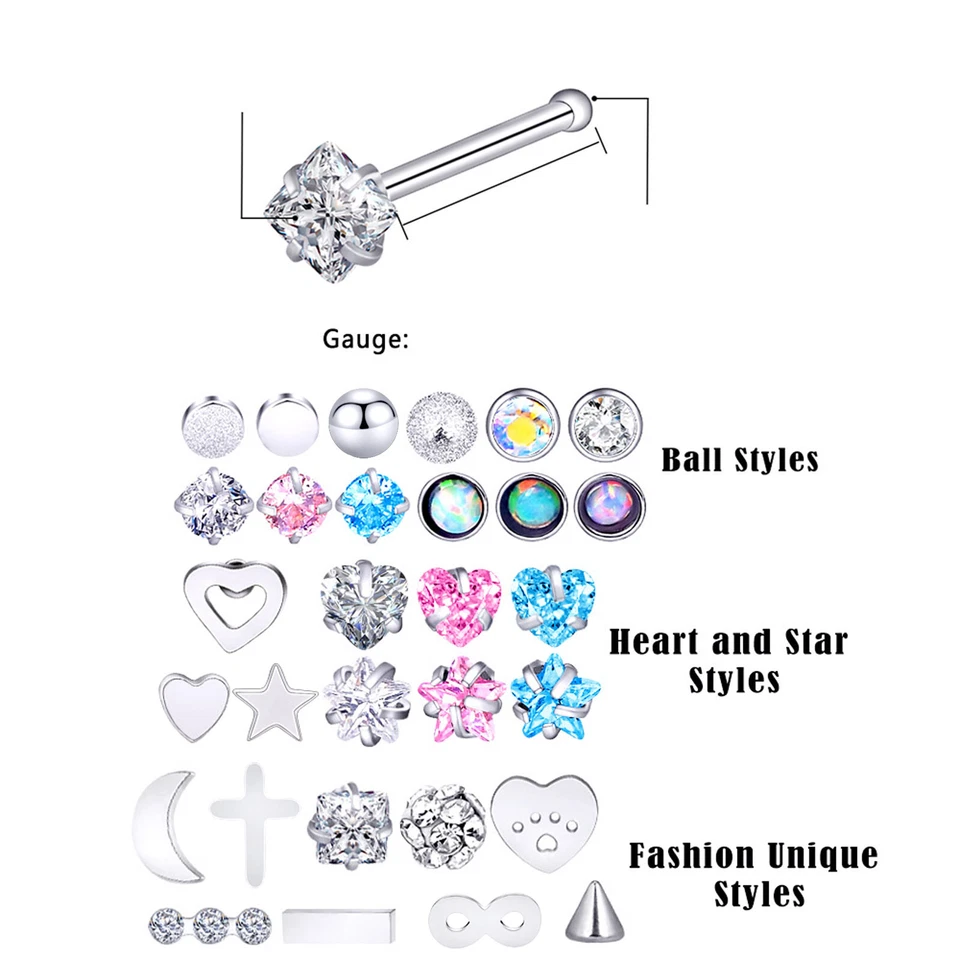 30 PIEZAS Anillos para nariz Hueso Pasador Circonita cúbica 20G 316L Acero inoxidable Cuerpo Piercing Joyería Foto 3 de 4