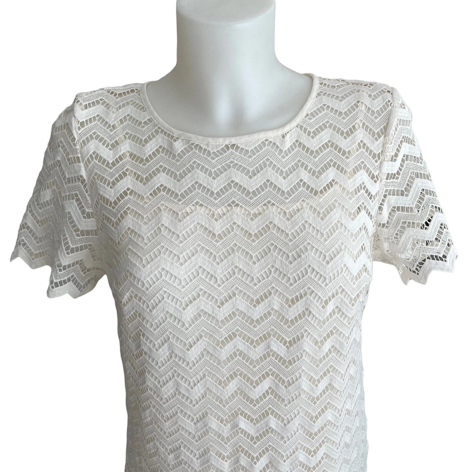 OFF WHITE ANN TAYLOR Off White Pizzo Chevron Tubino Mini Abito Manica Corta Donna Taglia 6