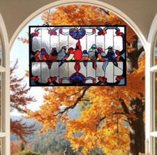 Gathering of Birds Hanging Stained Glass Window Panel Suncatcher 32x20in