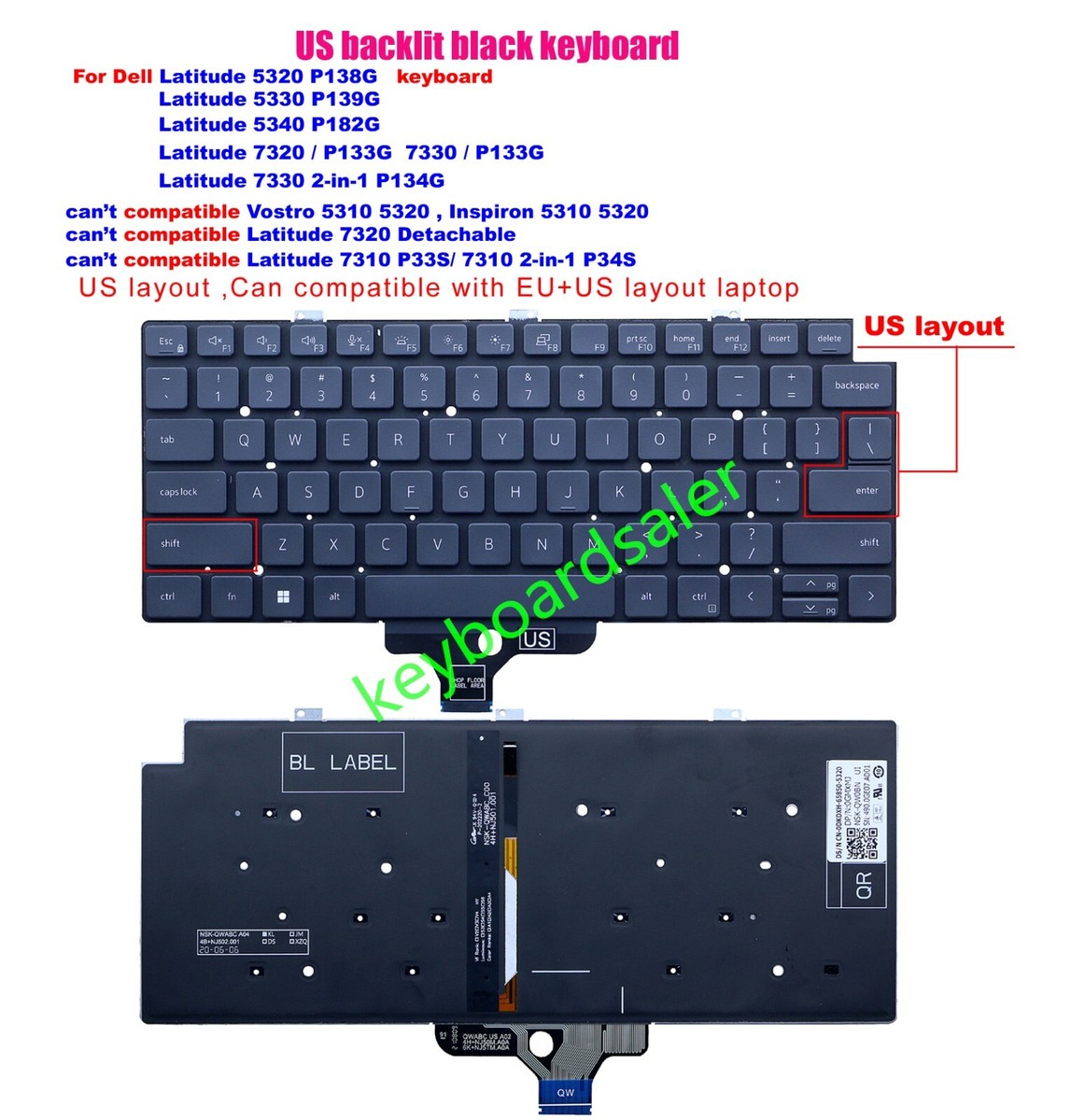New US Backlit Keyboard For Dell Latitude 5320 5340 P182G,7320