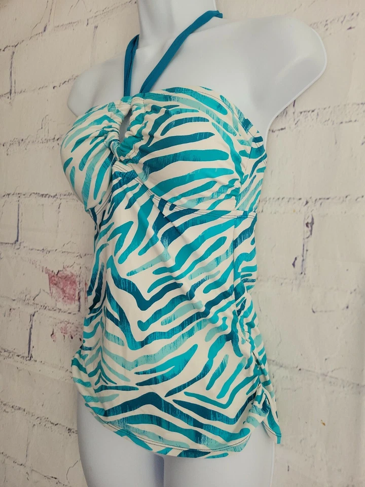 Maiô Dana Buchman regata somente estampa de animal azul tamanho 8 buraco na fechadura Halter - Imagem 3 de 4