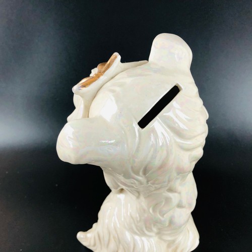 Vtg scottie Dog Bank Coin Slot Pottery White Iridescent Glaze Amber Glass Eye - Picture 7 of 11