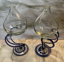 Jozefina Krosno Handblown Art Glass Blue Jellyfish Oil Lamps Bud Vase Poland 7  