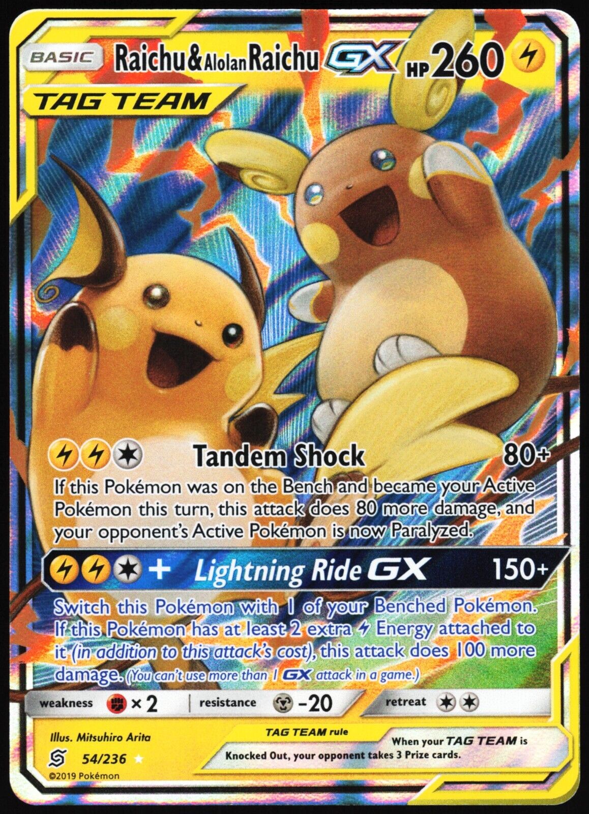 ULTRA RARE Raichu & Alolan Raichu GX Tag Team 54/236 Pokemon Pikachu Holo 