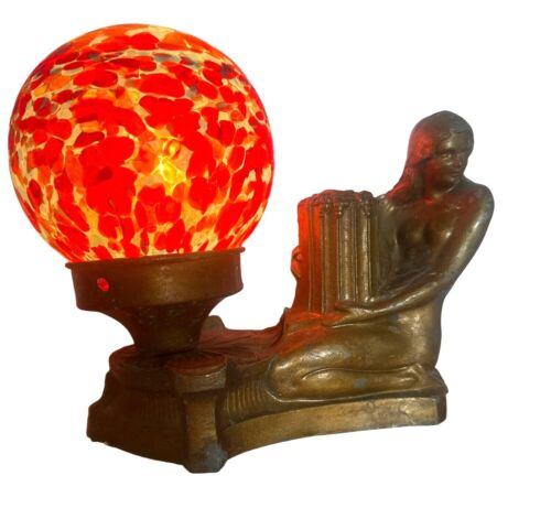Art Deco Goddess Lamp With Stained Glass Globe & Bronze Finish
