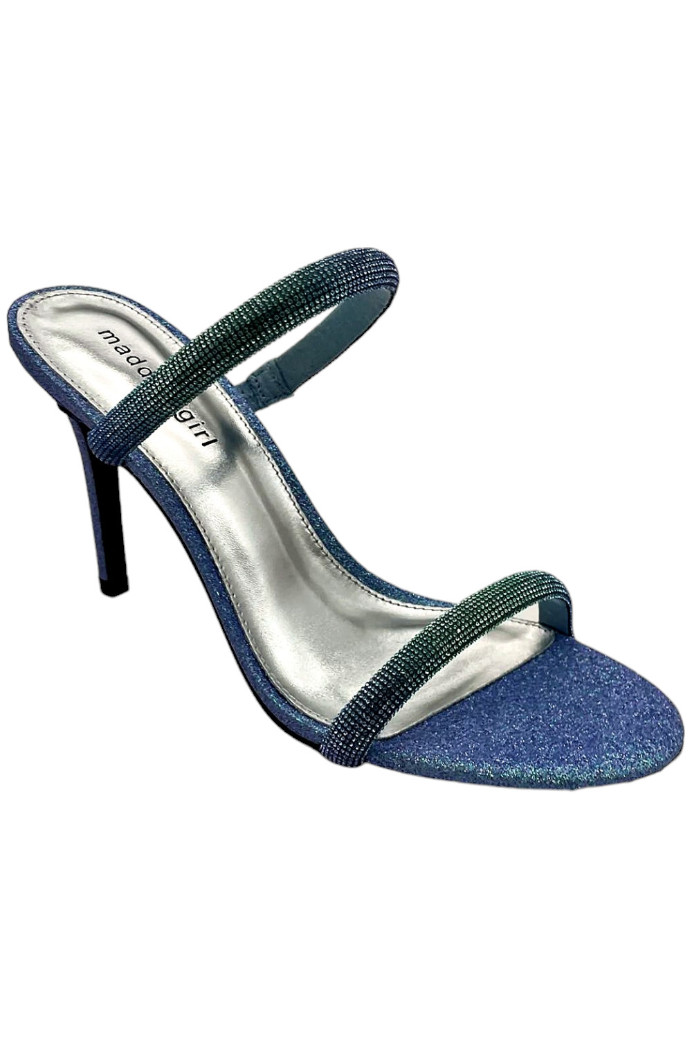 Madden Girl Beauty-R Two Band Stiletto Dress Sandals Blue Glitter