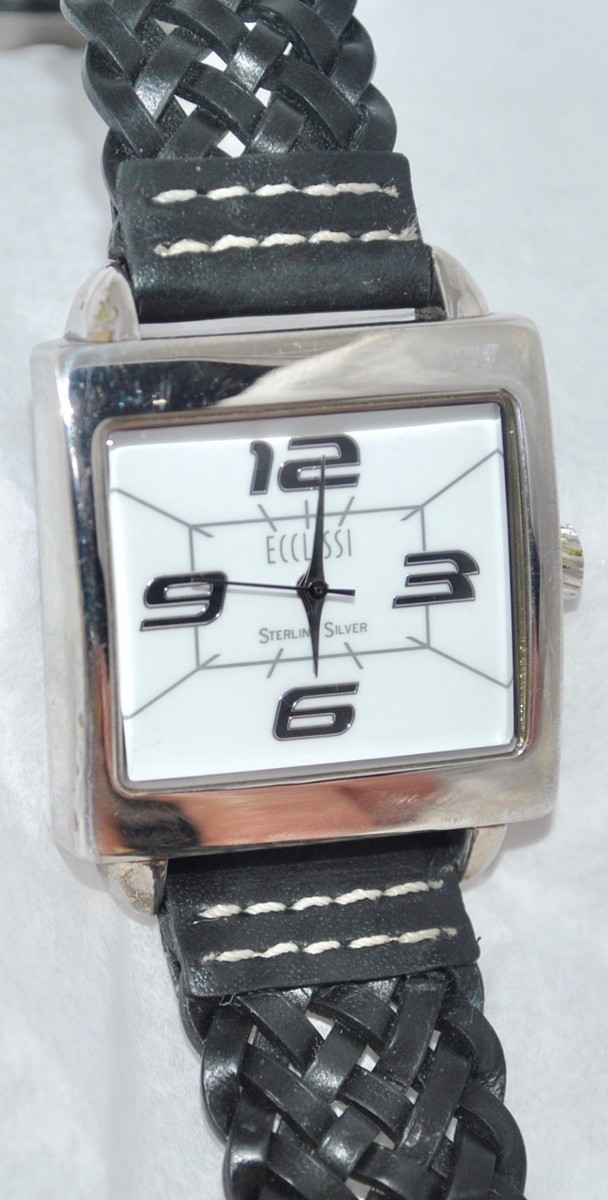 Ecclissi Vintage Sterling Silver Face Black Braided Leather Bracelet Watch Works Vintage Ecclissi Sterling Silver Bracelet Watch: Braided  main image 2
