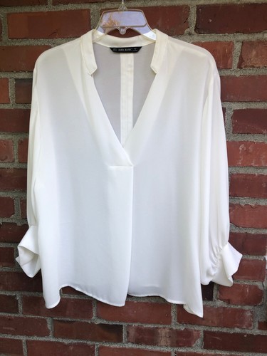 Zara 3/4 Sleeve Billowy Poet Artist V-Neck Shirt Ivory Blouse S may fit M NEW
