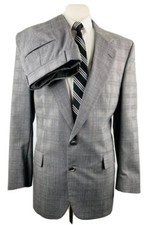 VINTAGE JOS A BANK Mens 42L Gray Plaid USA Soft Wool 2 Piece Suit W/ Pants 36x30