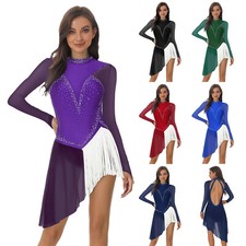 Womens Ice Skating Dress Long Sleeve Backless Leotard Ballet Dance Performance