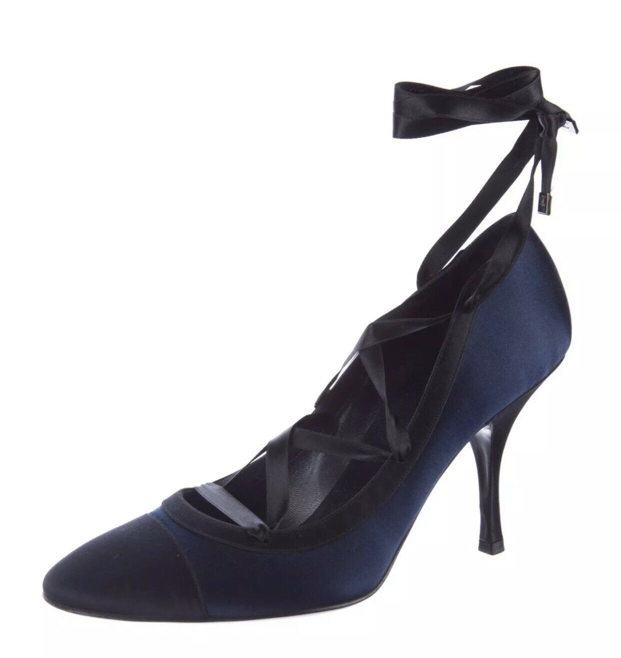 Chanel 39.5 9 Blue Black Navy Cap Toe Satin Womens Designer Ballet Heels  Shoes