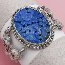 Vtg 1940s Natural Carved Sodalite Flower Leaf Sterling Silver Repousse Bracelet