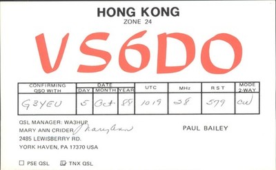 Amateurfunk QSL/QSO VS6DO G3YEU Hong Kong 1988 10m CW DX