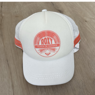 ROXY Women s Trucker Hat Mesh Back Adjustable White/Orange One Size Logo
