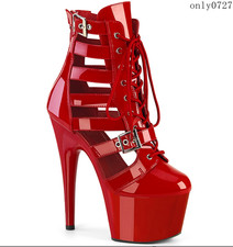 Womens High Heel Lace Up Platform Ankle Boots Hollow Punk 17cm Buckle Dance Hot