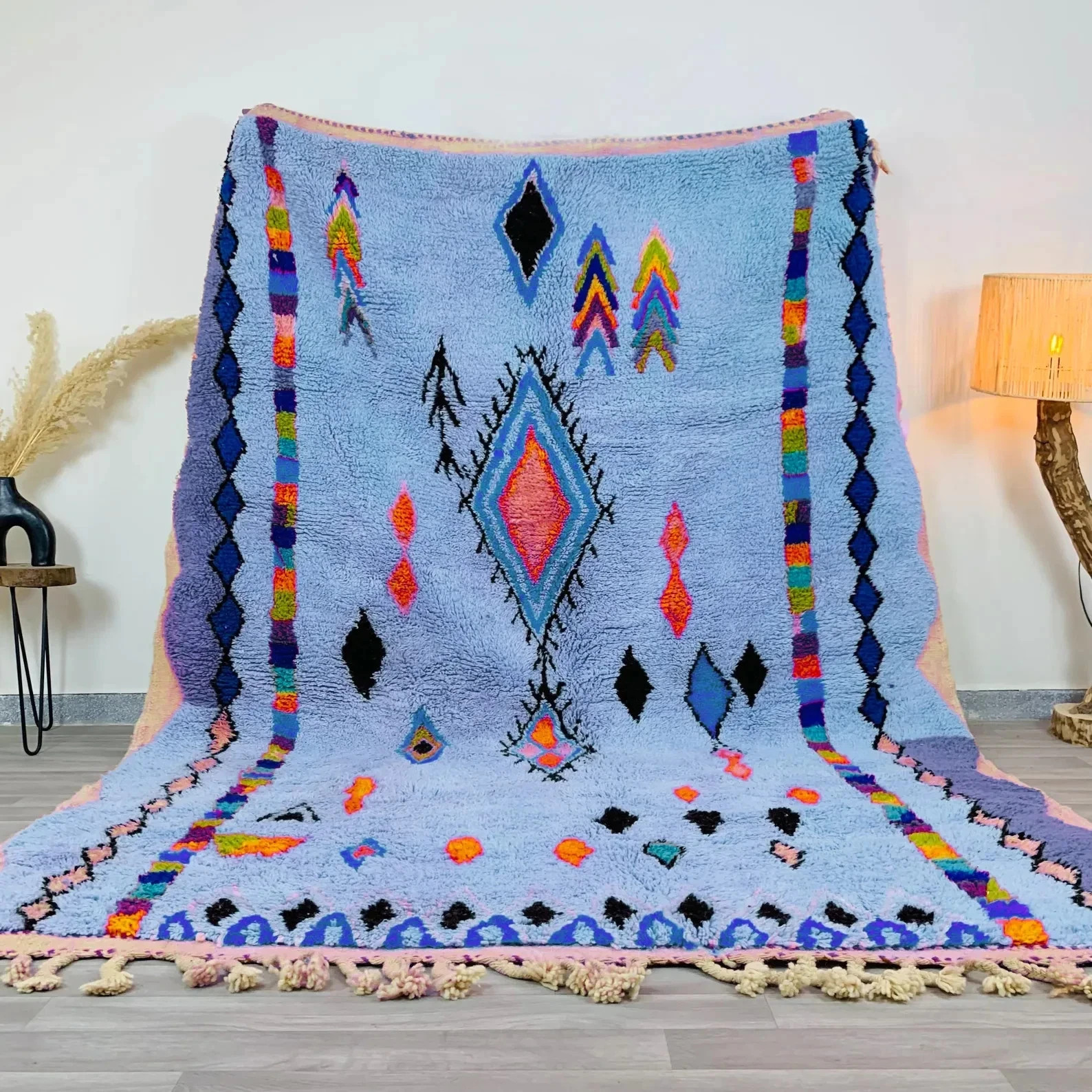 Moroccan Berber Beni Ourain Wool Rug Color Blue Multi Handmade Design Carpet Rug