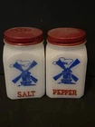 Vintage Hazel Atlas White Milk Glass Dutch Windmills Salt Pepper Shaker Red Lids