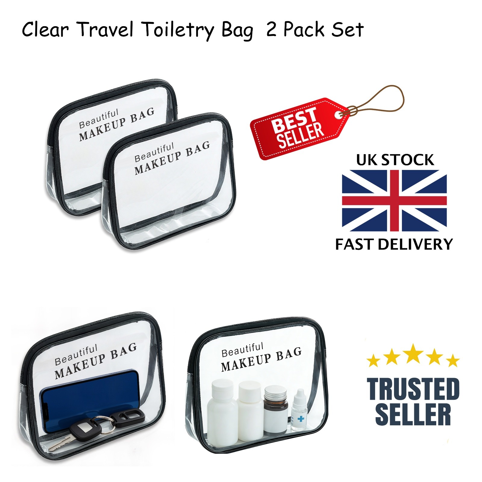 Clear Travel Toiletry Bag 2 Pack Set, 2pcs Clear Makeup Bags Airport Liquid Bags