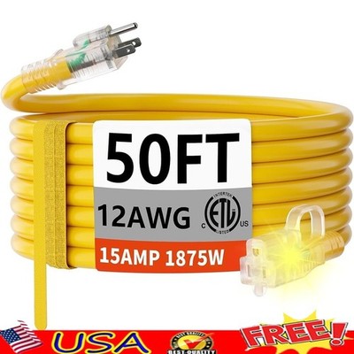 Heavy Duty 12 AWG Extension Cord 3 Prong 125V 15A Durable Indoor Outdoor Use