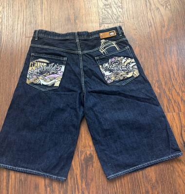 Y2K ECKO UNLTD. Mens Jean Shorts Baggy-Fit Rhino Embroidered size:38 100% cotton