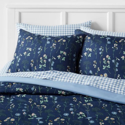 7pc Full Floral Printed Microfiber Reversible Comforter & Sheets Set Navy -