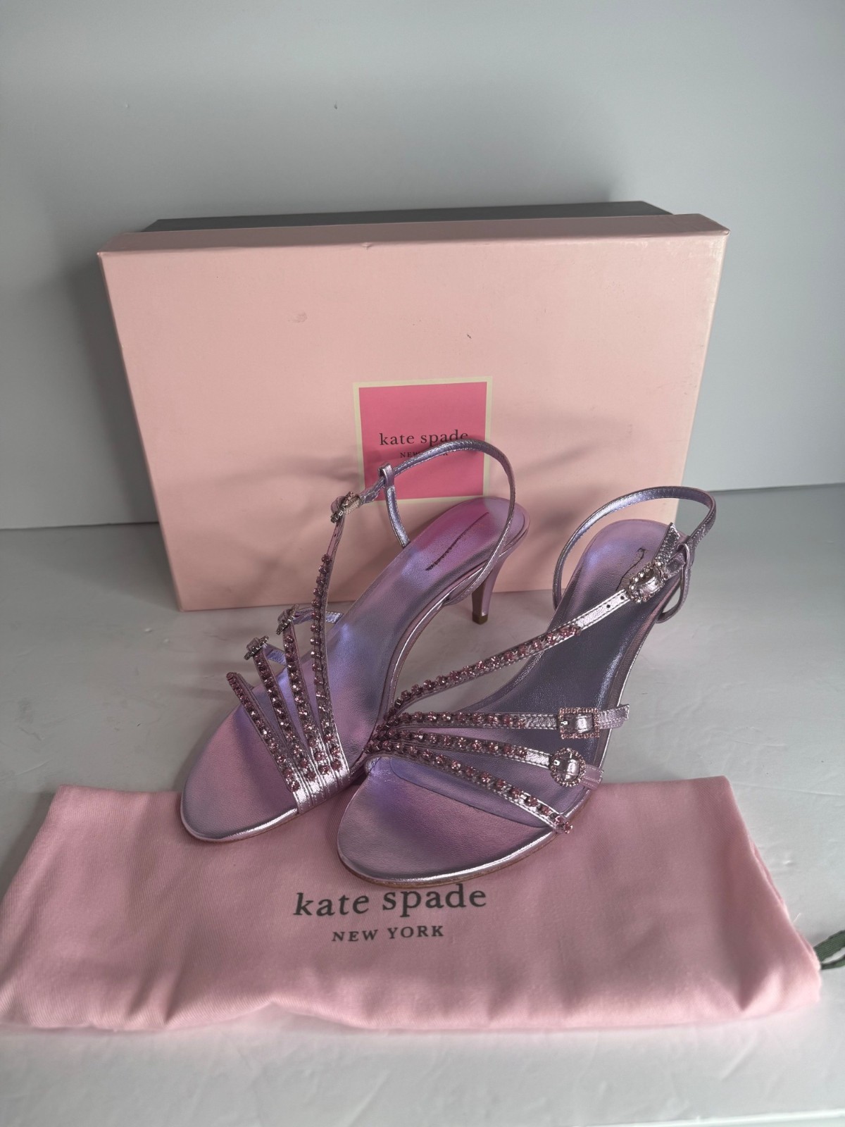 Kate Spade Makenna Crystal Embellished Pink Leather Sandals Heels Size 8 NEW thumbnail 2