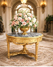 IMPOSANTE GRANDE TABLE D ENTREE MANGER BOIS MASSIF DORÉ FEUILLE D'OR MARBRE GRIS