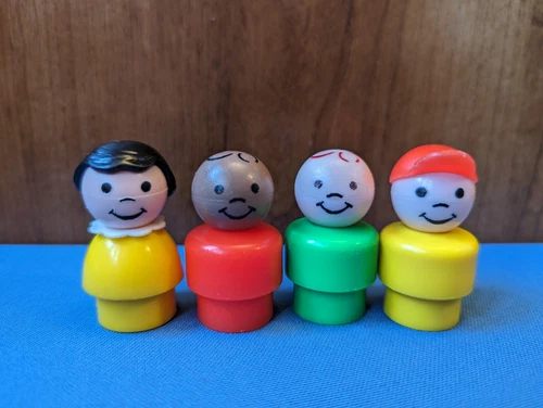 4 vtg Fisher Price Little People red cap, red head, black boy, yellow dress girl